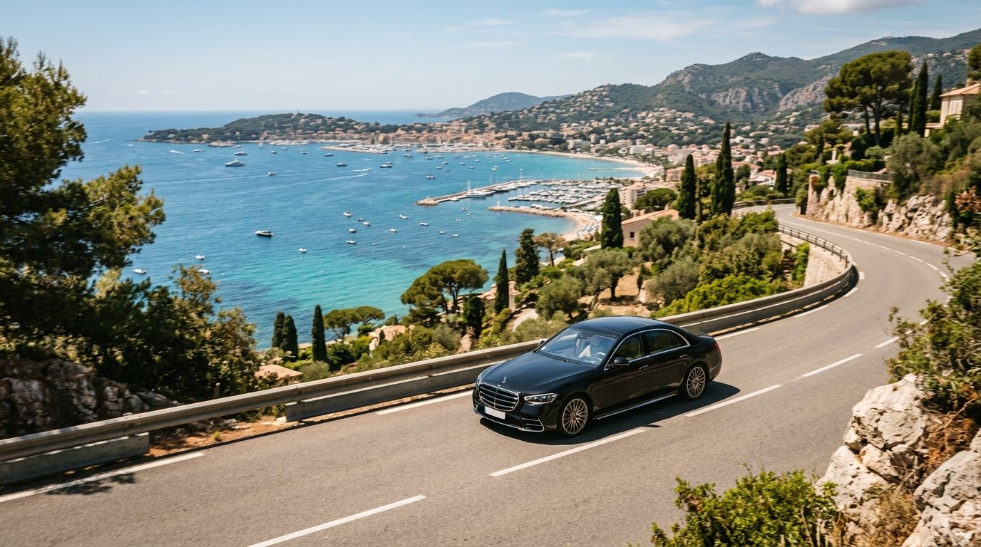 Berline avec chauffeur circulant sur les hauteurs de Vallauris surplombant la baie de Golfe-Juan
