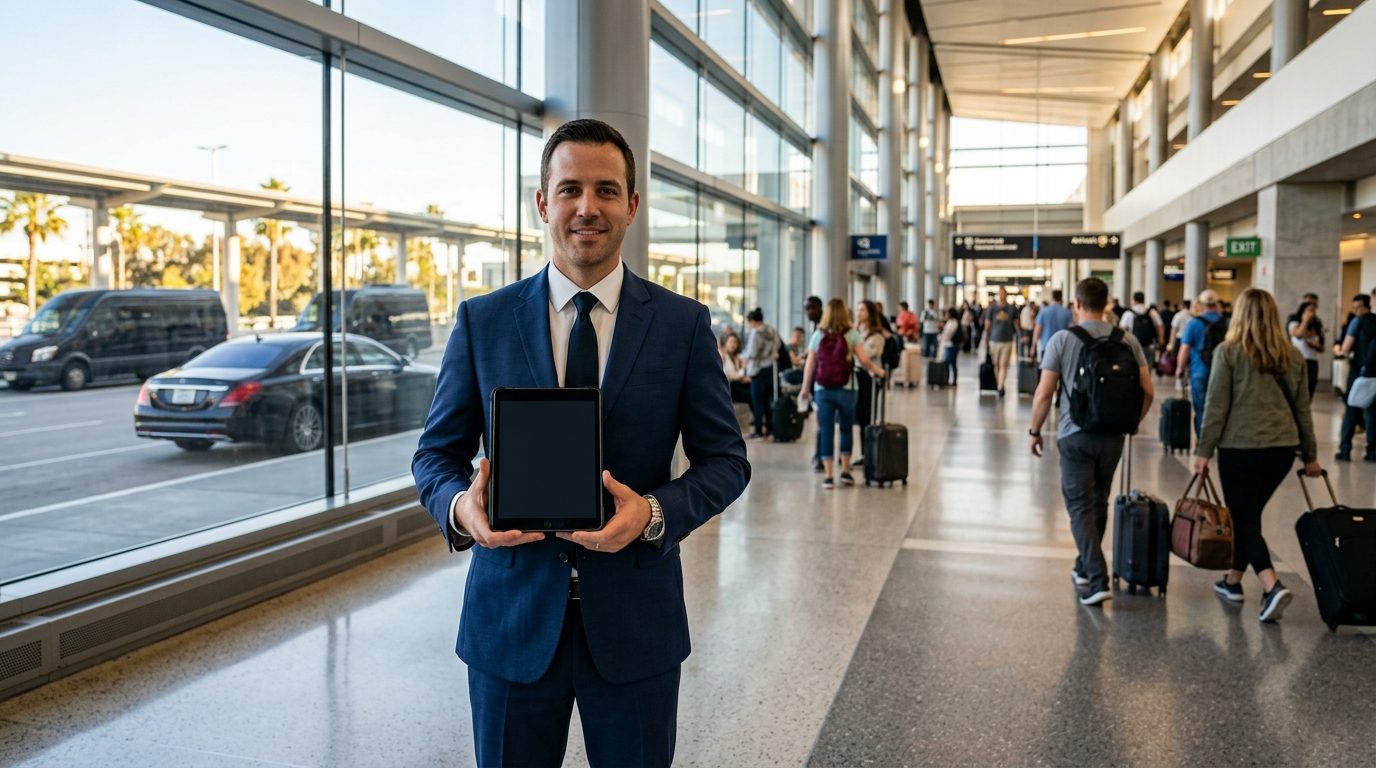 Accueil avec panneau à l&rsquo;aéroport de Nice Côte d&rsquo;Azur : fonctionnement et atouts d&rsquo;un service van sur mesure