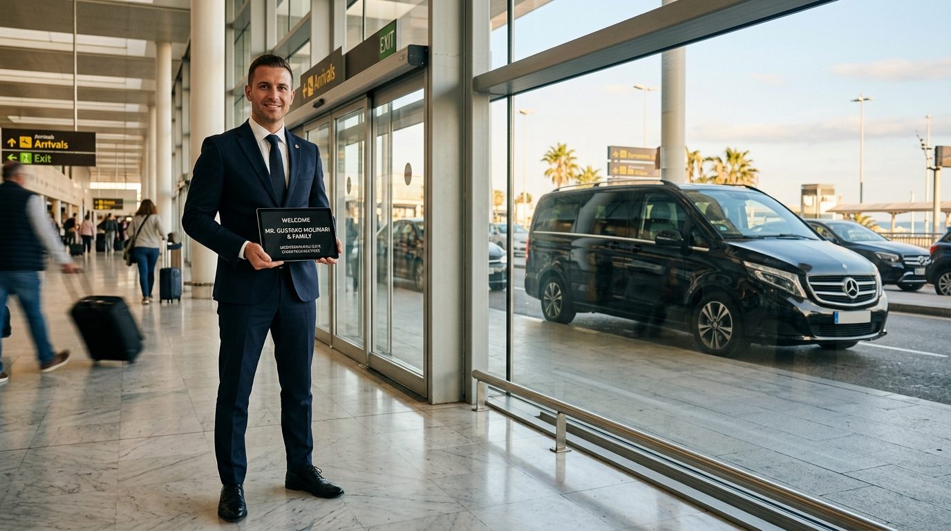Accueil sur tablette à l&rsquo;aéroport de Nice NCE pour vos trajets en van