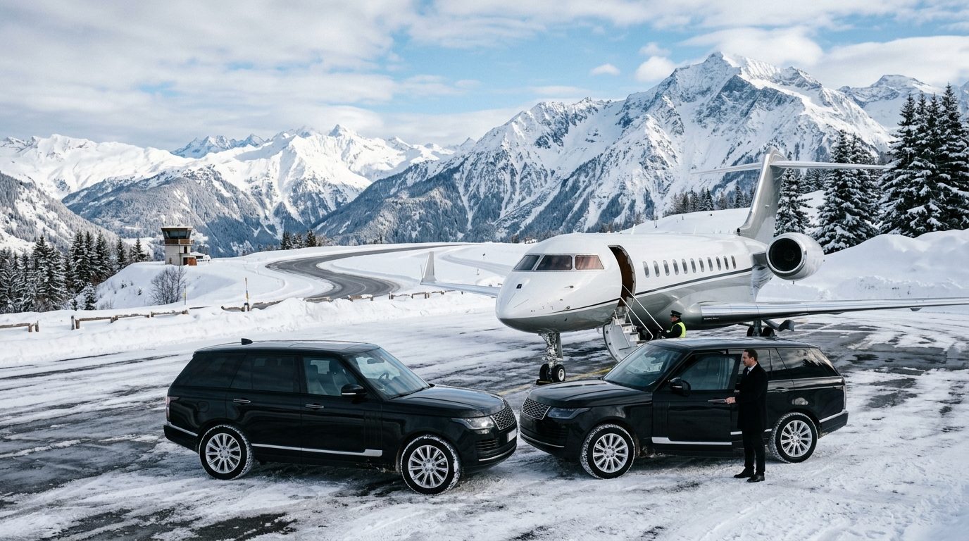 Véhicule haut de gamme avec chauffeur stationné sur le tarmac enneigé de l'altiport de Courchevel