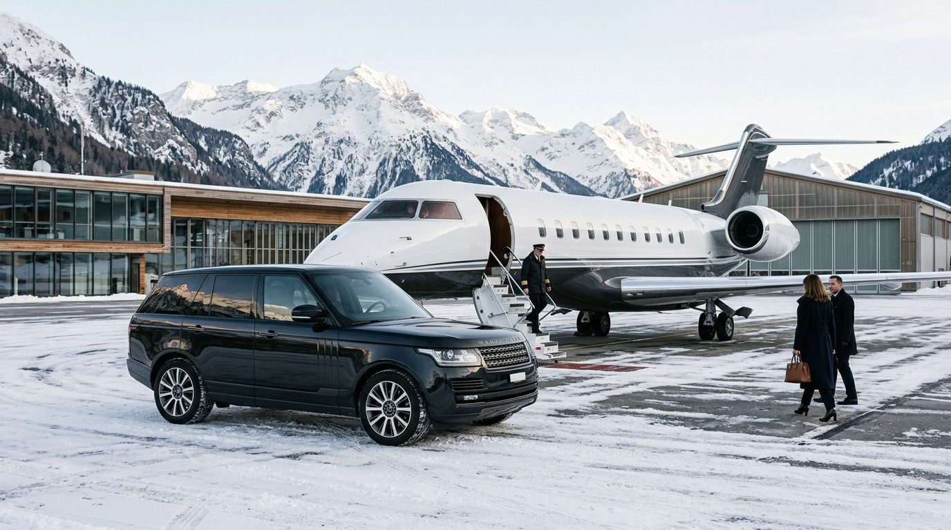 Véhicule avec chauffeur haut de gamme en attente près d'un jet privé sur un tarmac alpin enneigé à Courchevel