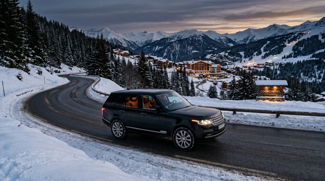 Véhicule avec chauffeur longue distance sur une route enneigée menant à Courchevel