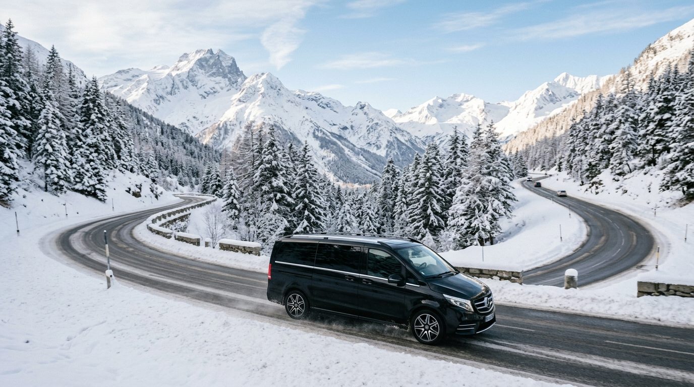 Véhicule avec chauffeur circulant sur une route enneigée en direction de Courchevel