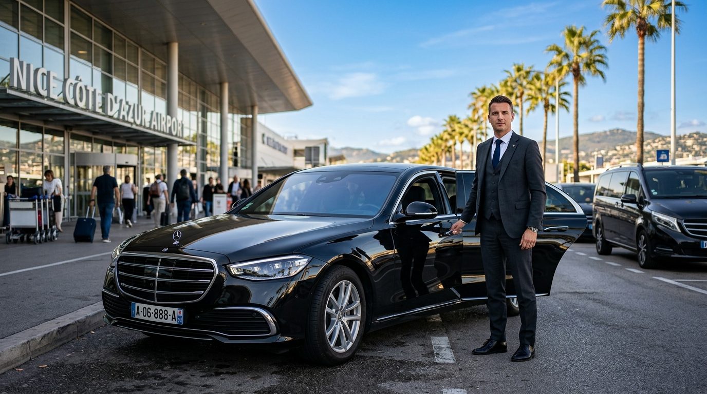Chauffeur personnel attendant un client à la sortie de l'aéroport de Nice Côte d'Azur