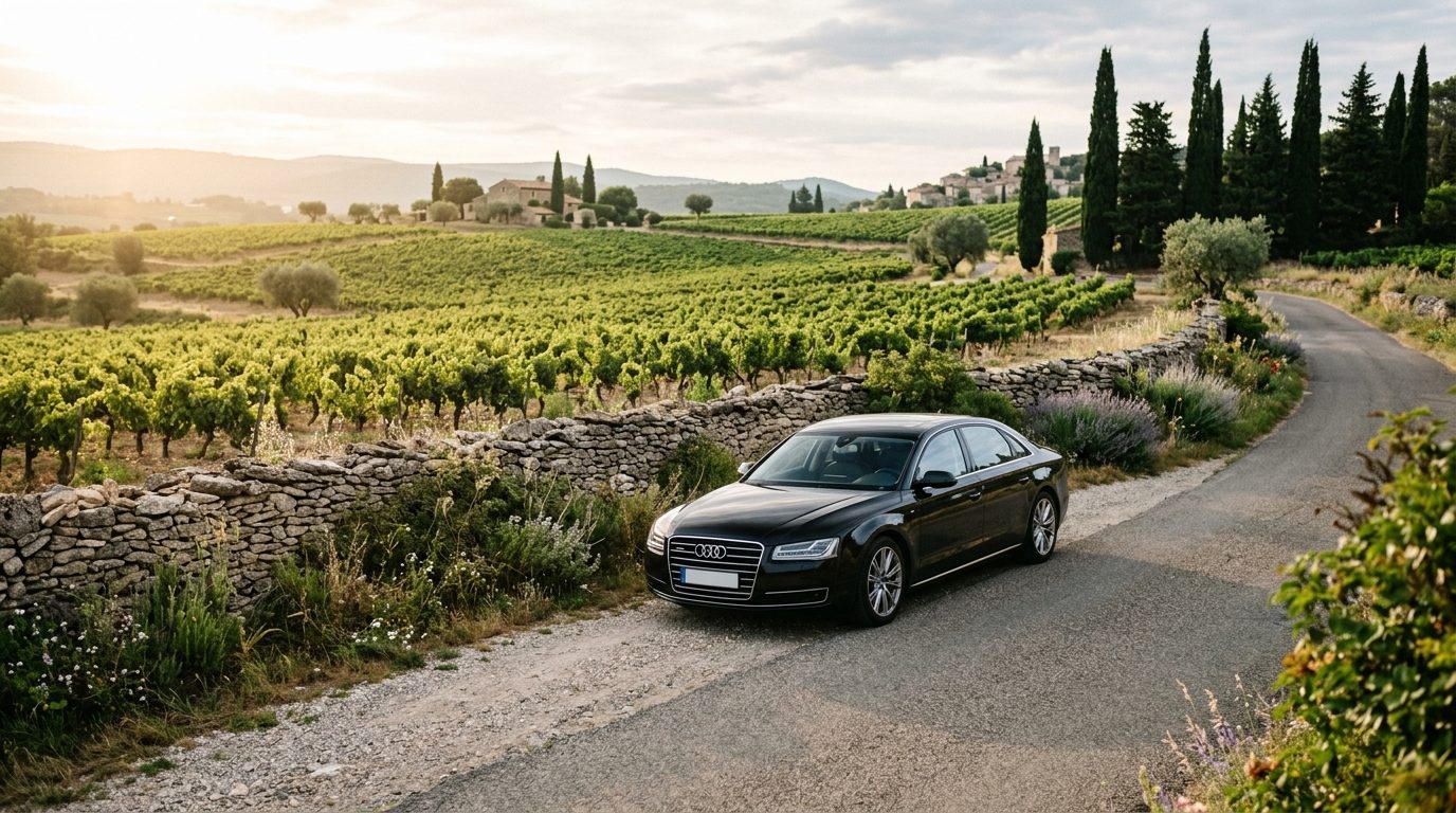 Berline avec chauffeur privé stationnée près d'un vignoble en Provence Verte près de Brignoles