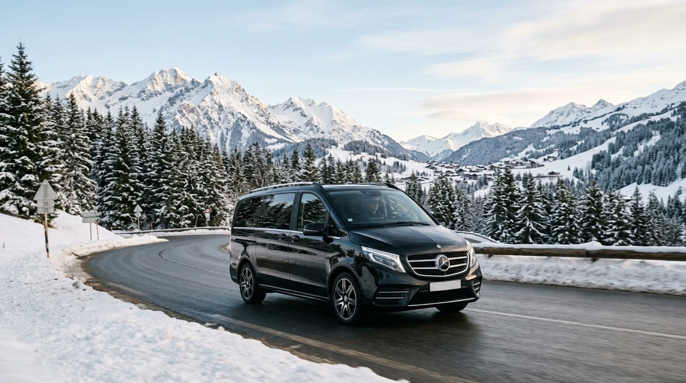 Véhicule haut de gamme avec chauffeur sur une route enneigée en direction de Courchevel