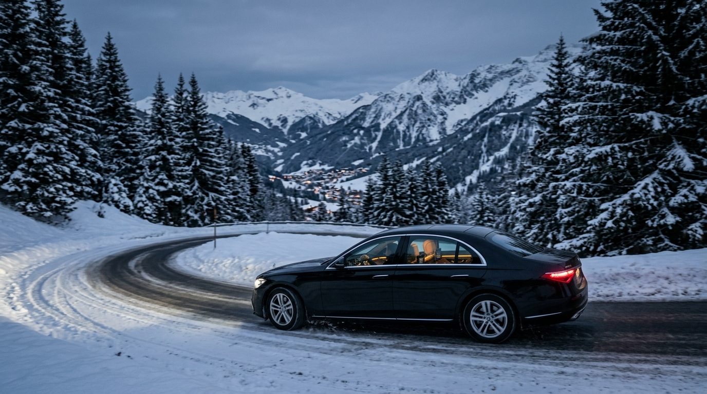 Véhicule haut de gamme avec chauffeur sur une route enneigée menant à Courchevel en hiver