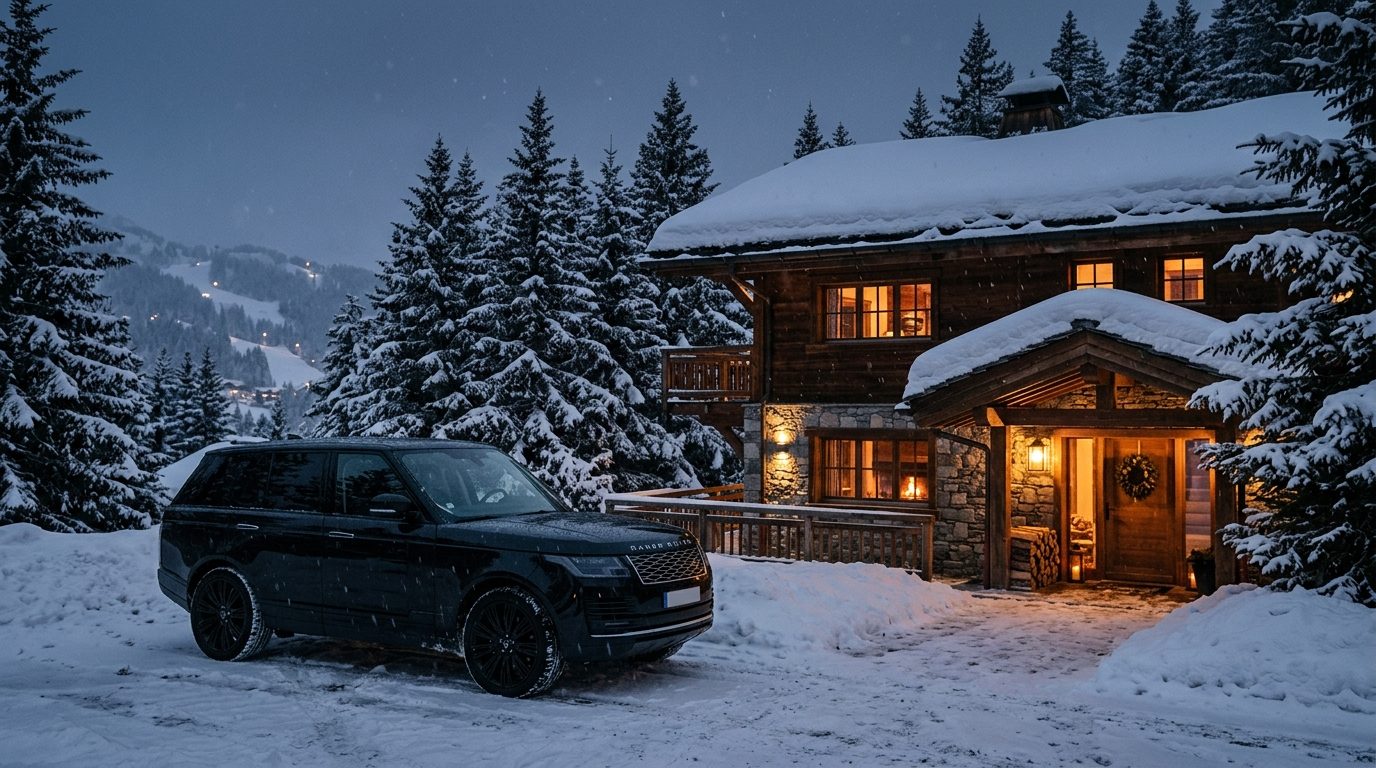 Véhicule haut de gamme stationné devant un chalet enneigé à Courchevel