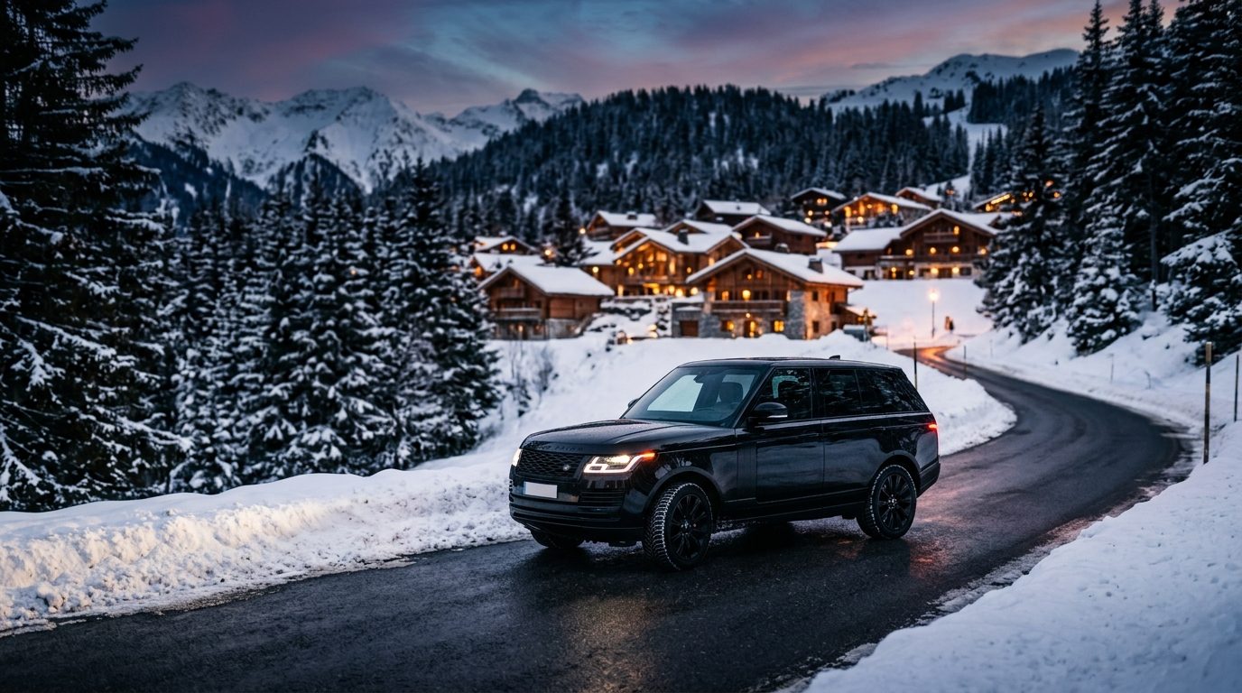 Véhicule haut de gamme tout-terrain stationné sur une route enneigée à Courchevel