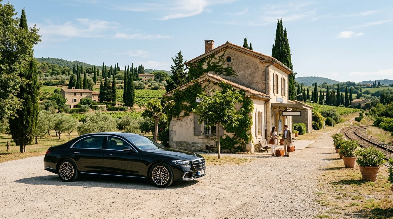 Berline avec chauffeur privé stationnée à la sortie de la gare des Arcs Draguignan