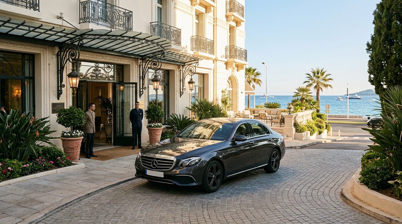 Mercedes Classe E avec chauffeur privé devant un hôtel de prestige à Juan-les-Pins
