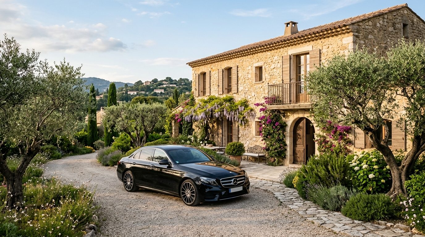 Mercedes Classe E avec chauffeur stationnée devant un mas provençal à Mougins