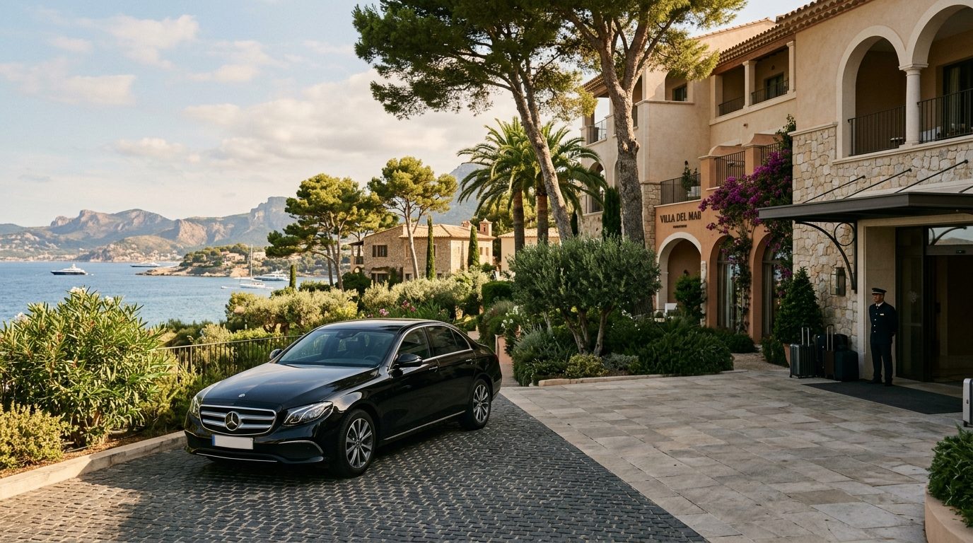 Berline Mercedes Classe E stationnée près d'un hôtel de luxe sur la côte méditerranéenne à Roquebrune-Cap-Martin.