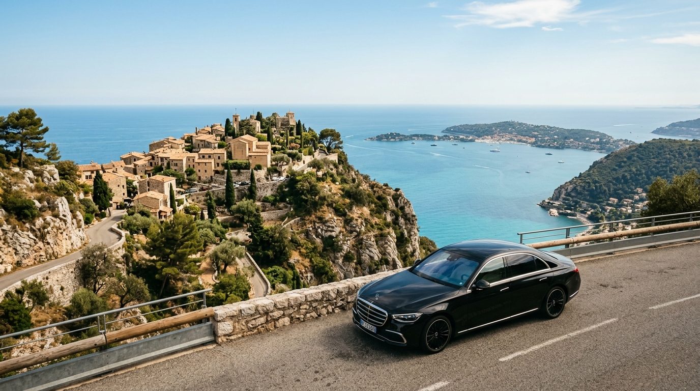 Mercedes Classe S avec chauffeur près du village médiéval d'Èze et vue sur la mer Méditerranée
