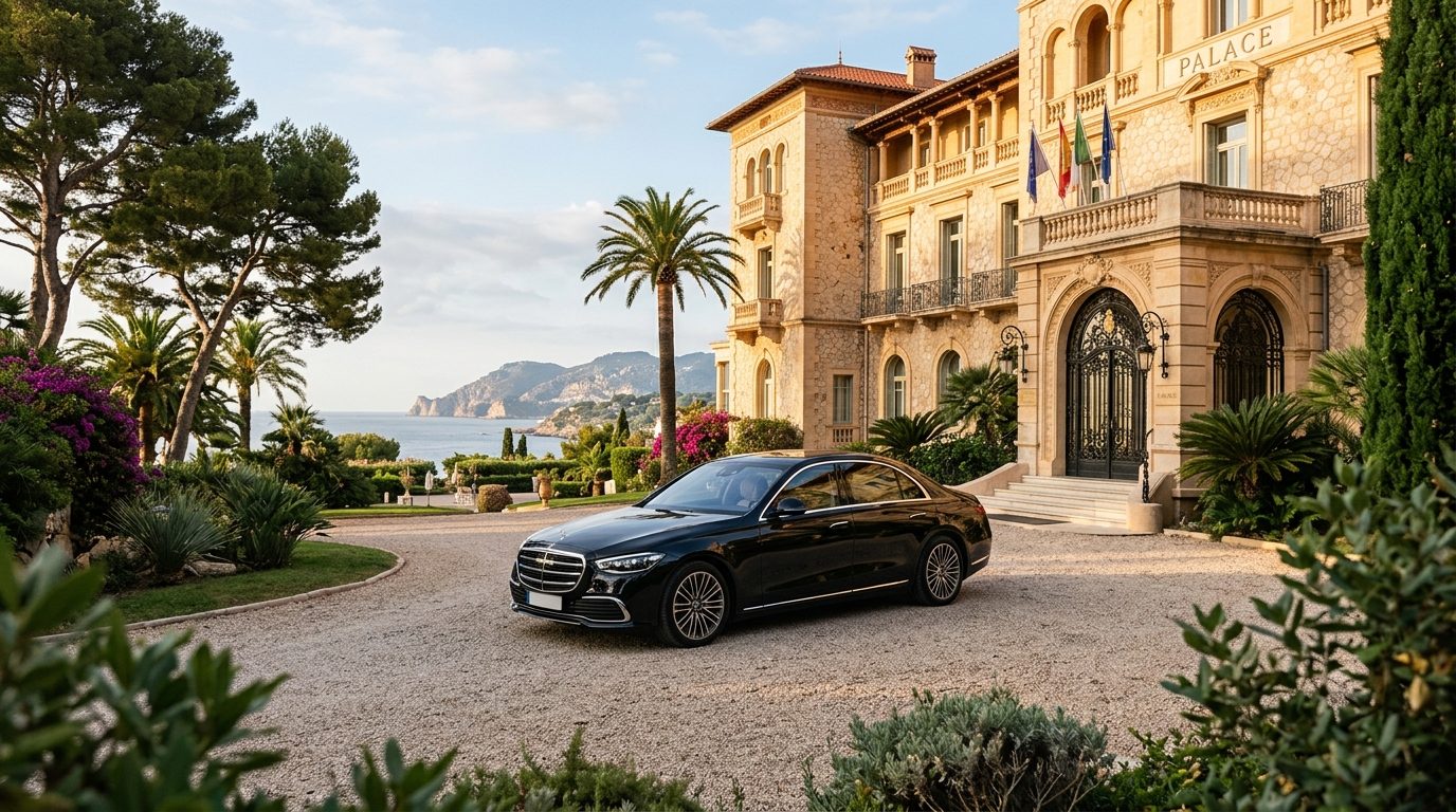 Mercedes Classe S en mise à disposition devant les jardins du Grand-Hôtel du Cap-Ferrat