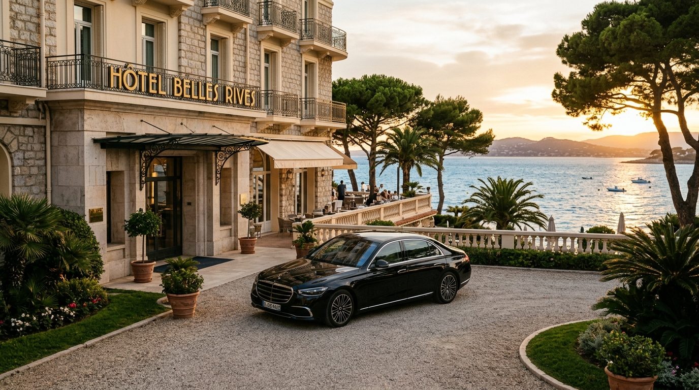 Chauffeur privé Mercedes Classe S à l’Hôtel Belles Rives : service de mise à disposition à Juan-les-Pins