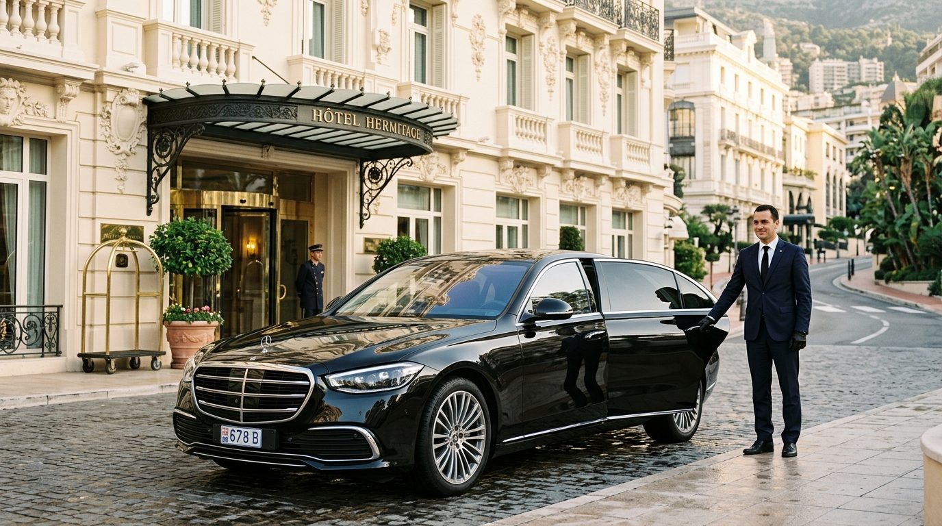 Mercedes Classe S avec chauffeur privé stationnée devant l'Hôtel Hermitage à Monte-Carlo, Monaco