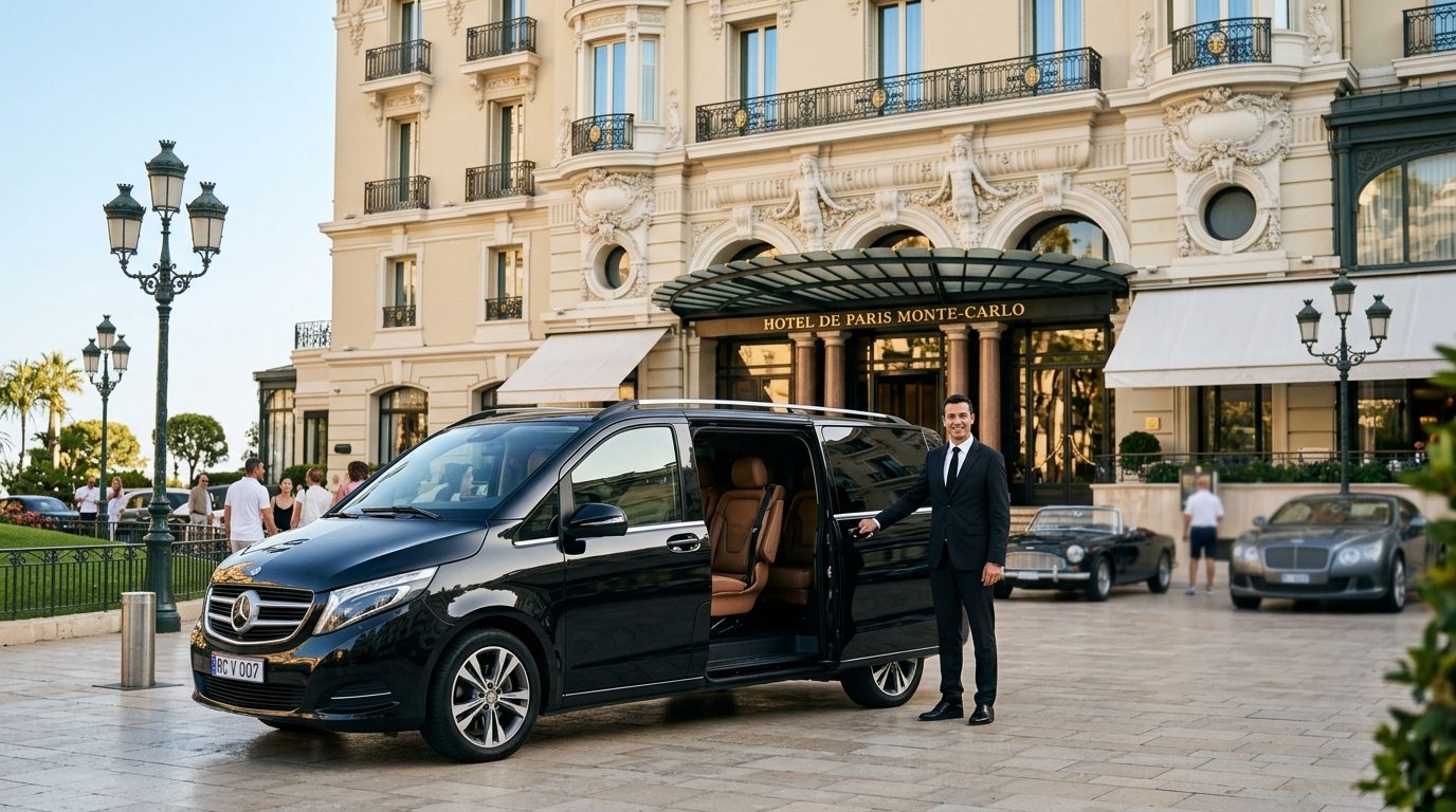 Mercedes Classe V avec chauffeur privé stationné devant l'Hôtel de Paris Monte-Carlo à Monaco