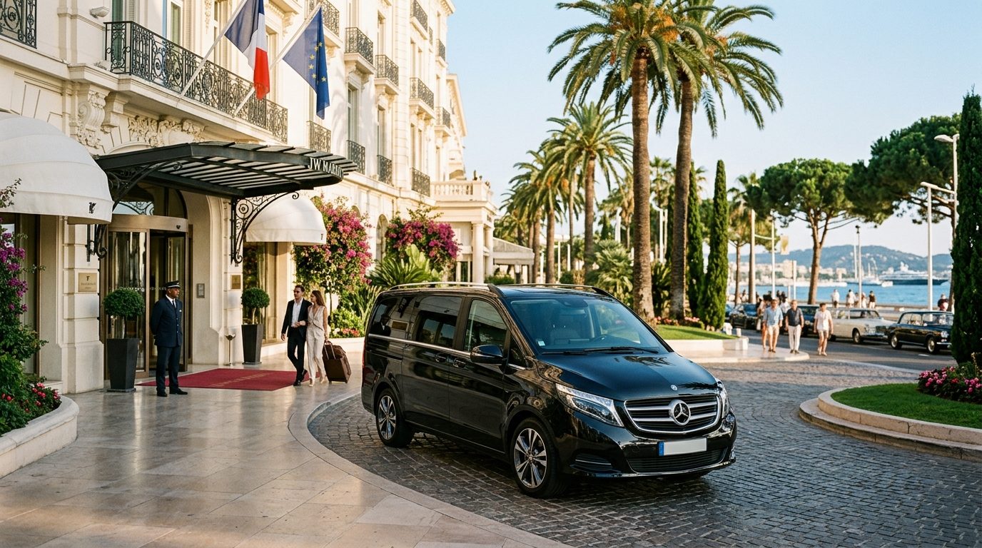Mercedes Classe V avec chauffeur privé stationné devant le JW Marriott à Cannes sur la Croisette.