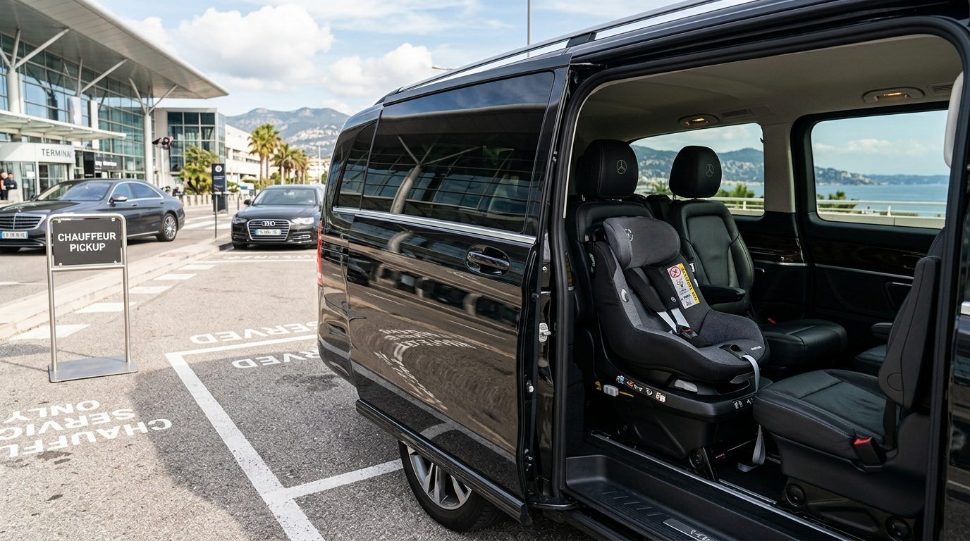 Chauffeur privé en van à l&rsquo;aéroport de Nice NCE avec sièges ISOFIX pour enfants
