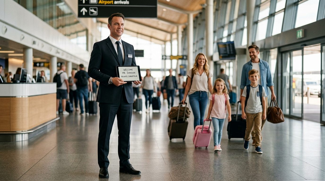 Chauffeur privé van NCE avec accueil panneau nominatif pour familles
