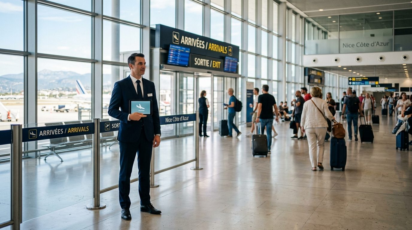 Chauffeur privé van à l&rsquo;aéroport de Nice : l&rsquo;accueil avec panneau pour les familles
