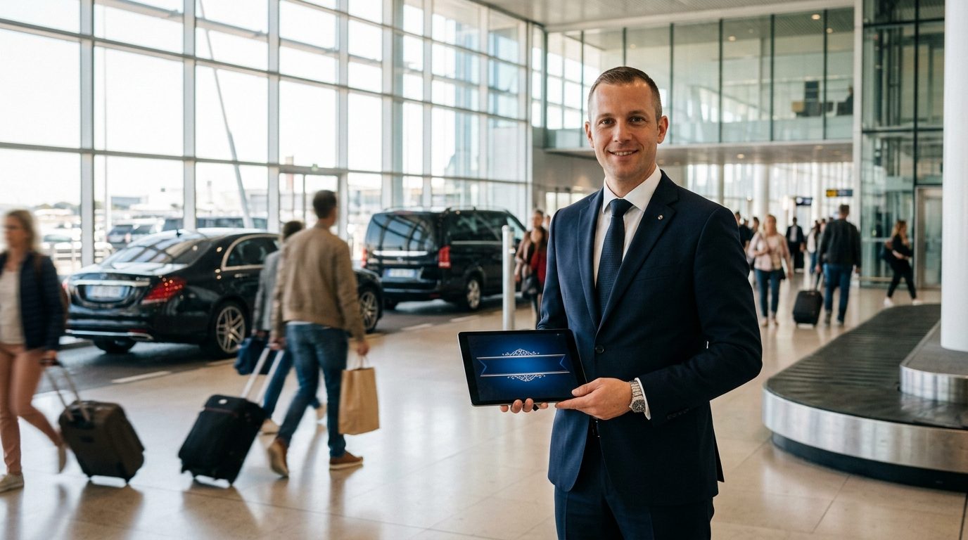 Chauffeur privé en van à Nice NCE : accueil sur tablette et signalétique sur-mesure