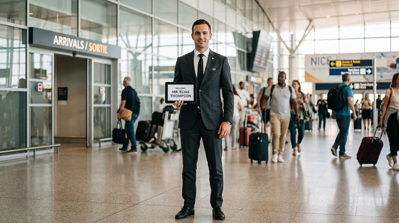 Chauffeur privé van à Nice NCE avec accueil panneau nominatif : organisation et repères