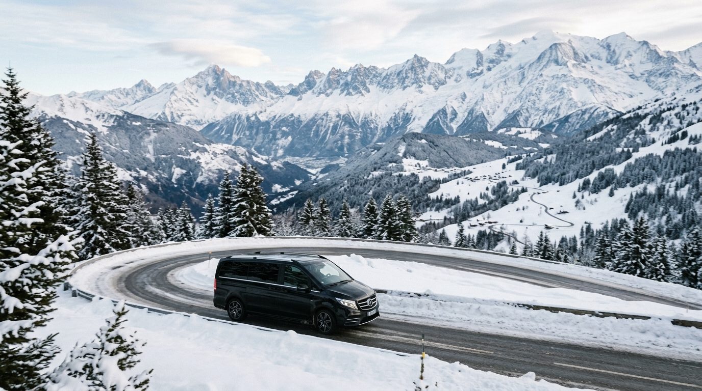 Véhicule haut de gamme sur une route de montagne enneigée entre Val Thorens et Courchevel