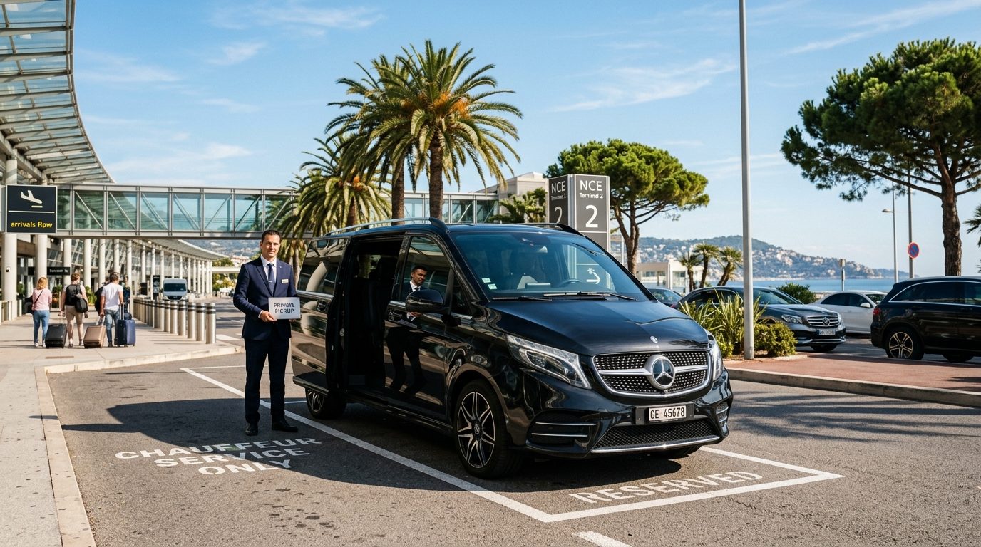 Mercedes Classe V avec chauffeur stationné à l'aéroport Nice Côte d'Azur
