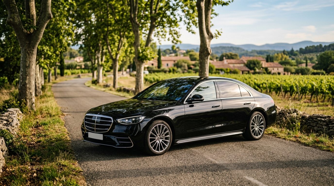 Véhicule avec chauffeur VTC stationné dans la campagne près du Luc en Provence