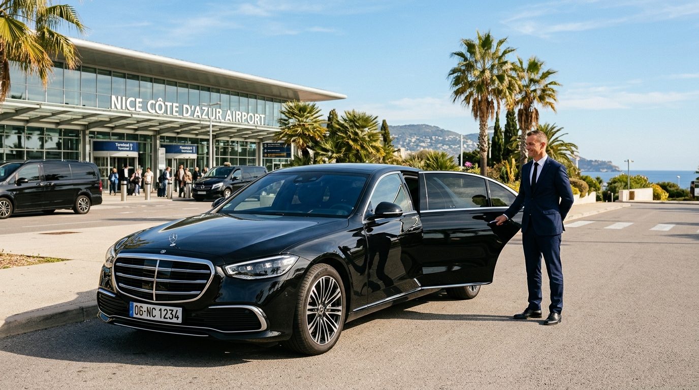 Navette privée haut de gamme en attente devant le terminal de l'aéroport Nice Côte d'Azur