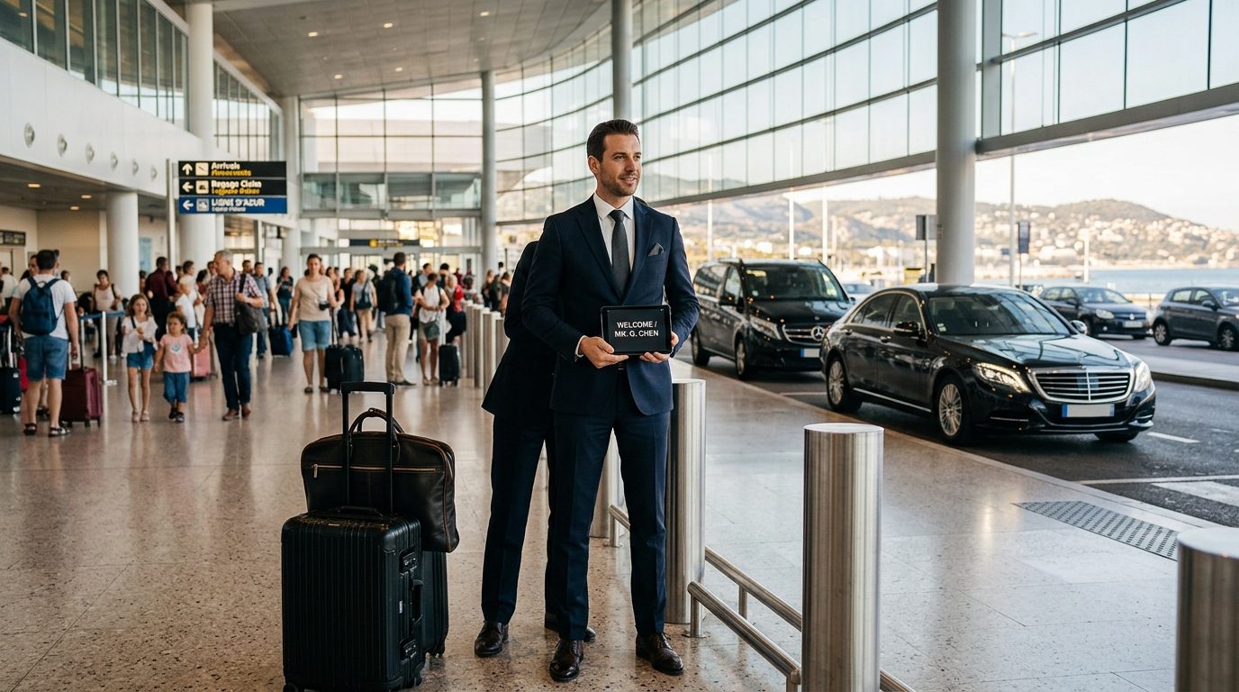 Accueil avec panneau nominatif à l’aéroport de Nice NCE en van