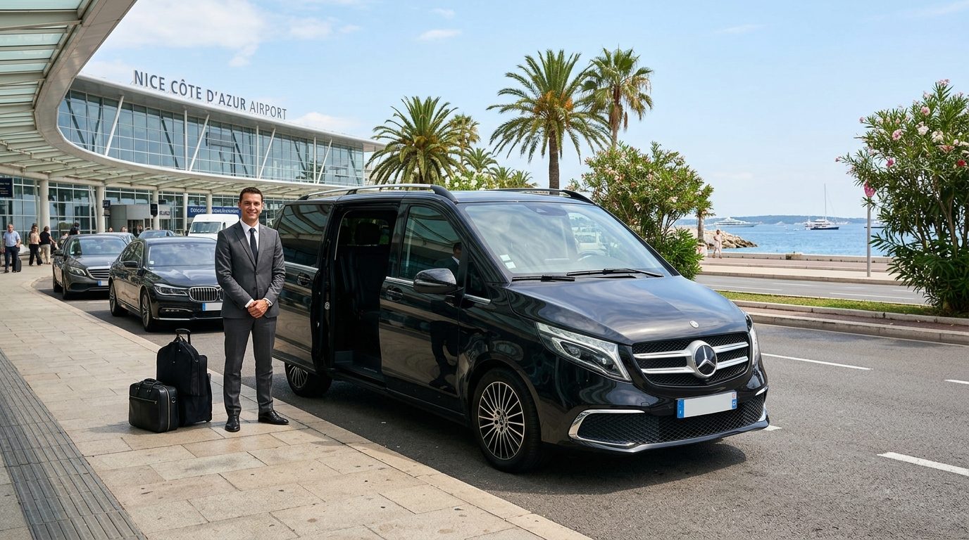 Mercedes Classe V avec chauffeur privé stationnée à l'aéroport Nice Côte d'Azur