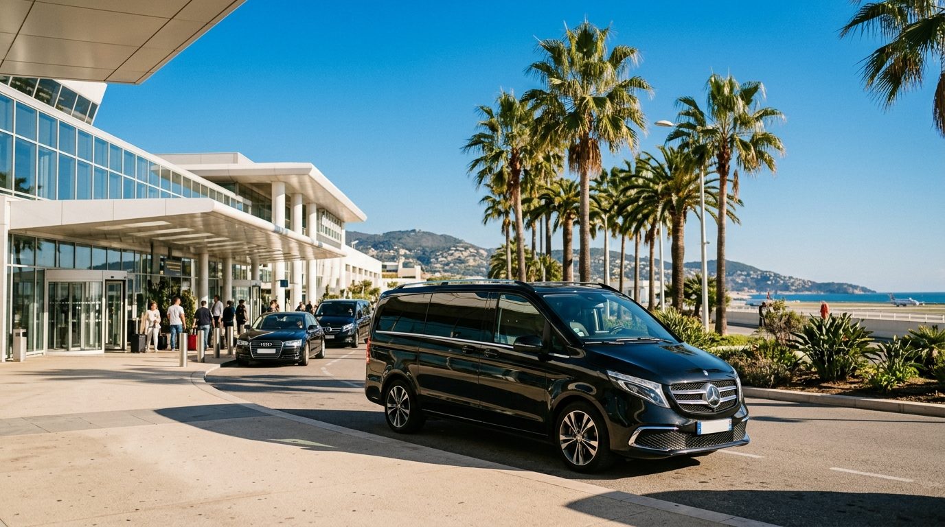 Van de transport privé stationné devant le terminal de l'aéroport Nice Côte d'Azur