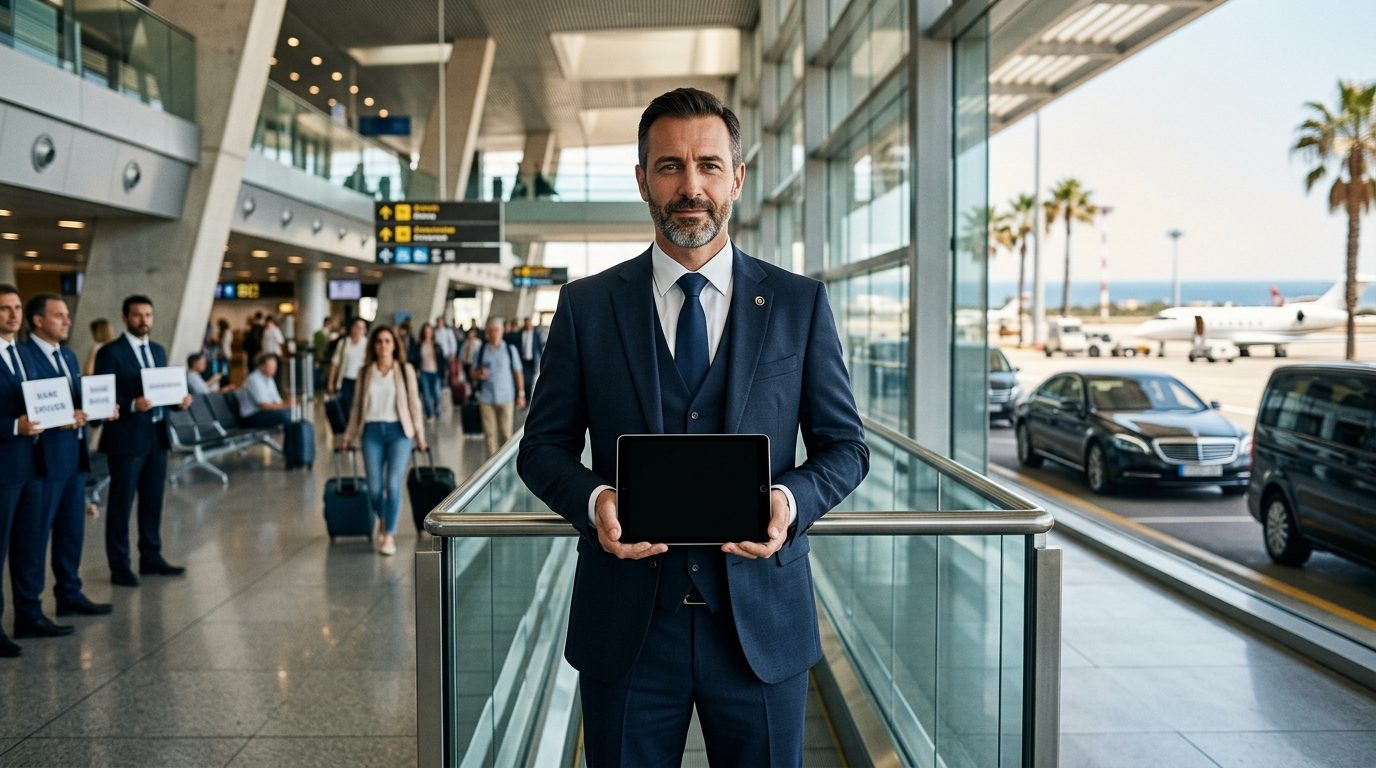 Tablette nominative à l&rsquo;aéroport Nice NCE pour transfert en van : repères et fonctionnement