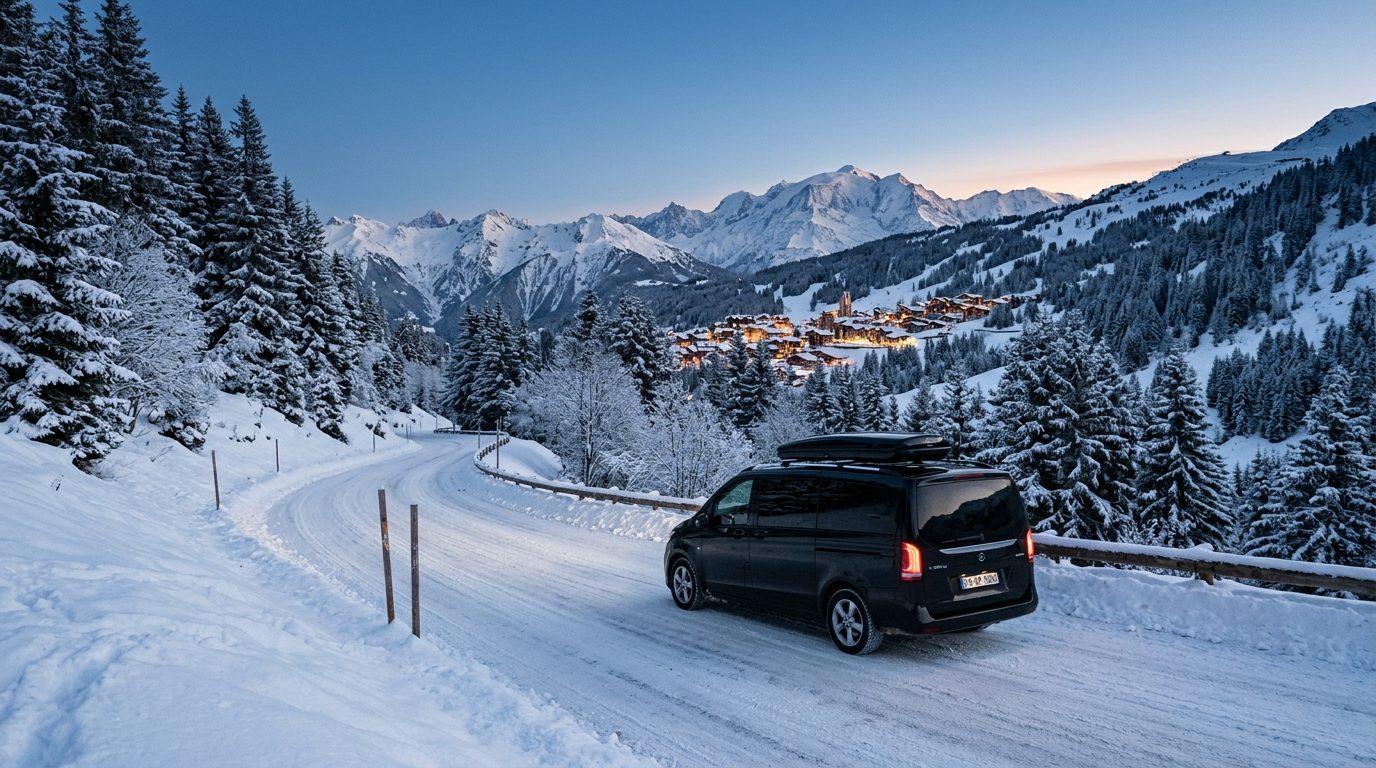 Véhicule avec chauffeur circulant sur une route enneigée en direction de Courchevel
