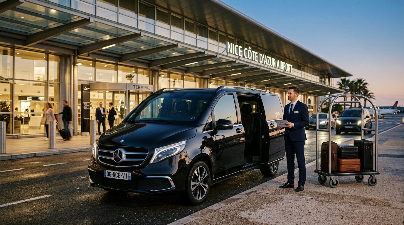 Transfert à l&rsquo;aéroport de Nice NCE en Mercedes Classe V : organisation, confort et repères pratiques