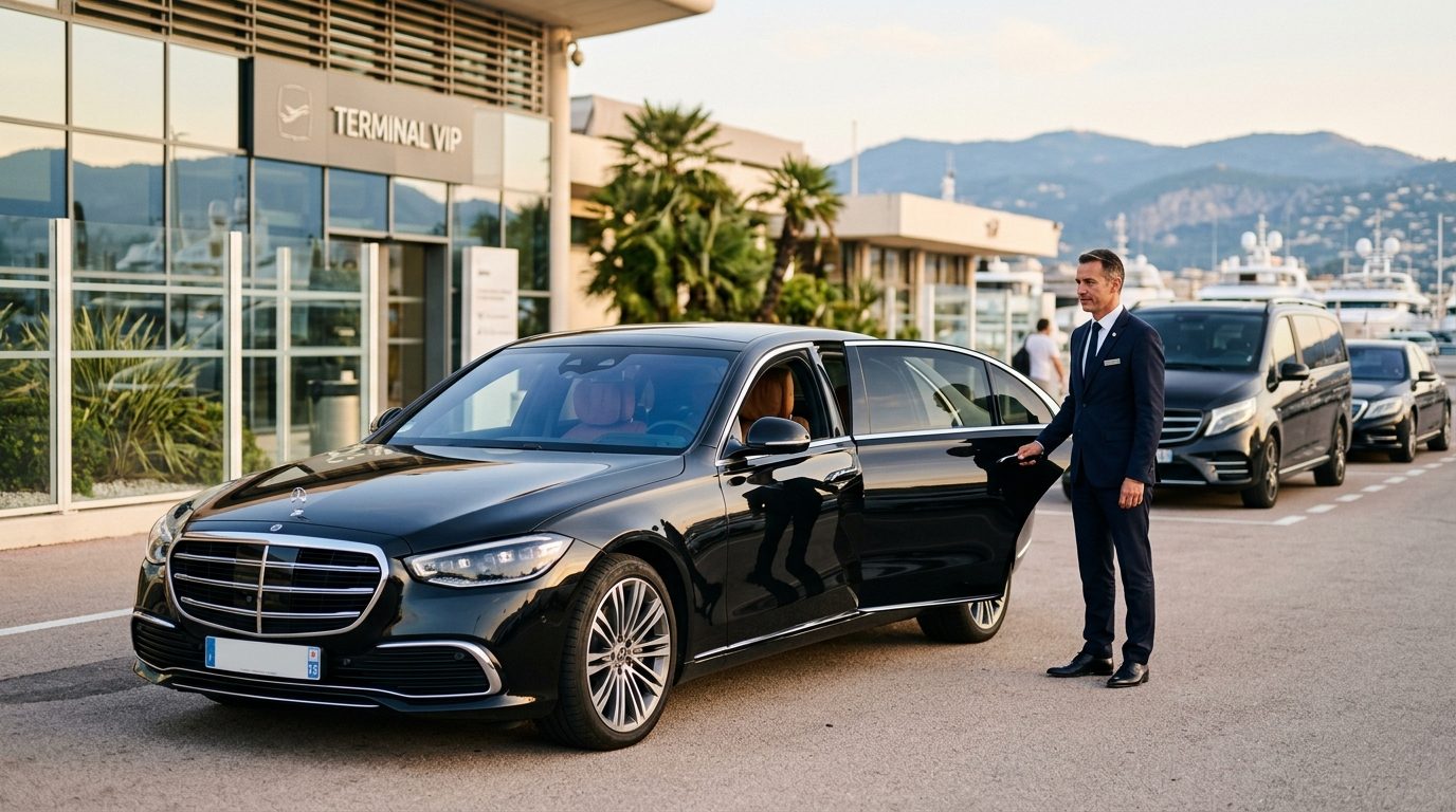Chauffeur privé en costume devant une berline de luxe à l'aéroport Nice Côte d'Azur