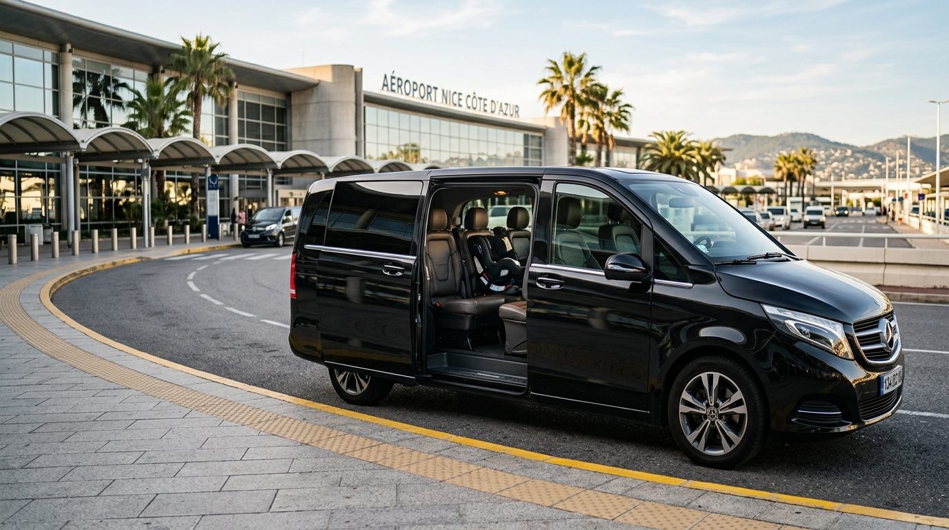 Van haut de gamme stationné à l'aéroport de Nice Côte d'Azur avec siège bébé groupe 0+ installé dans l'habitacle.