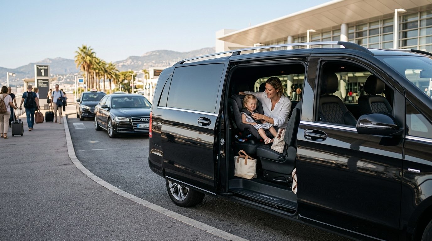 Siège bébé installé dans un van privé à l'aéroport de Nice Côte d'Azur