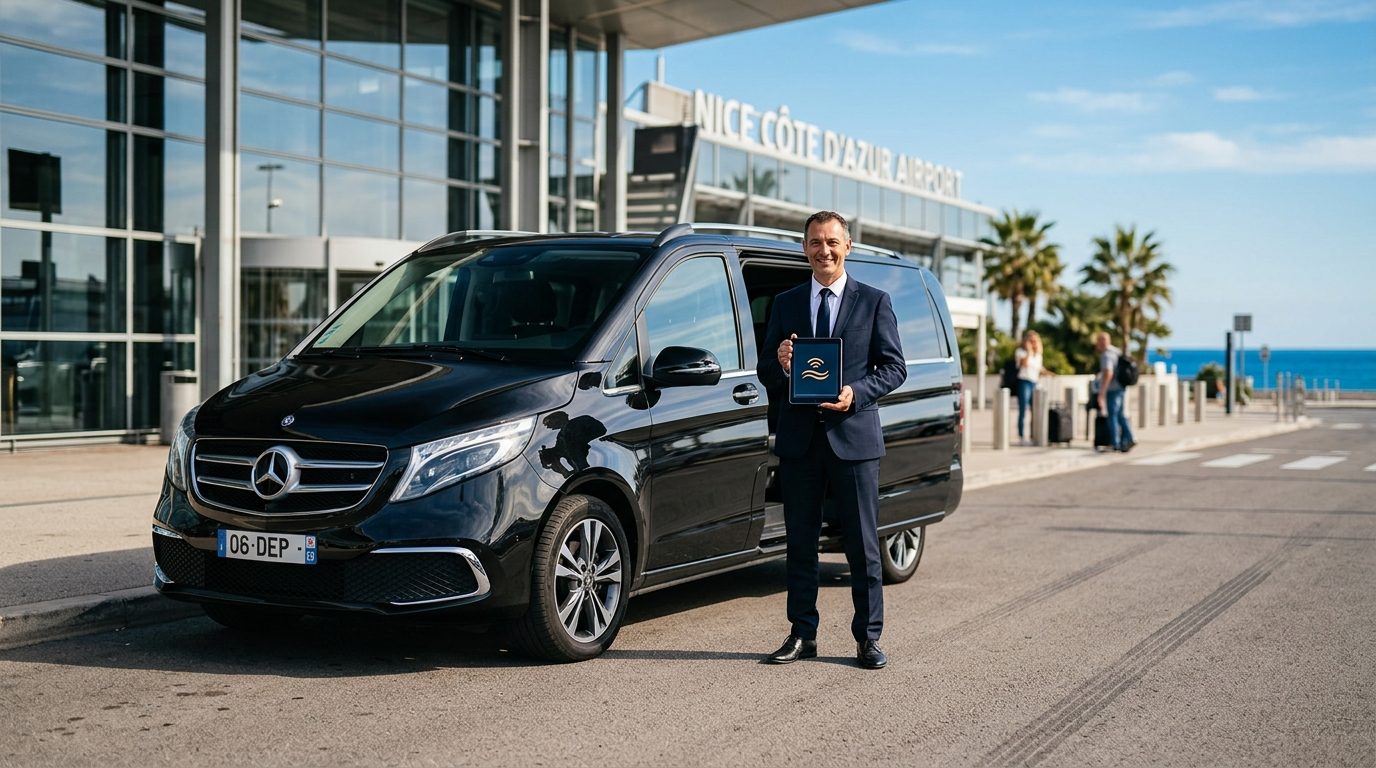 Chauffeur privé avec tablette numérique d'accueil devant un van 8 places à l'aéroport de Nice