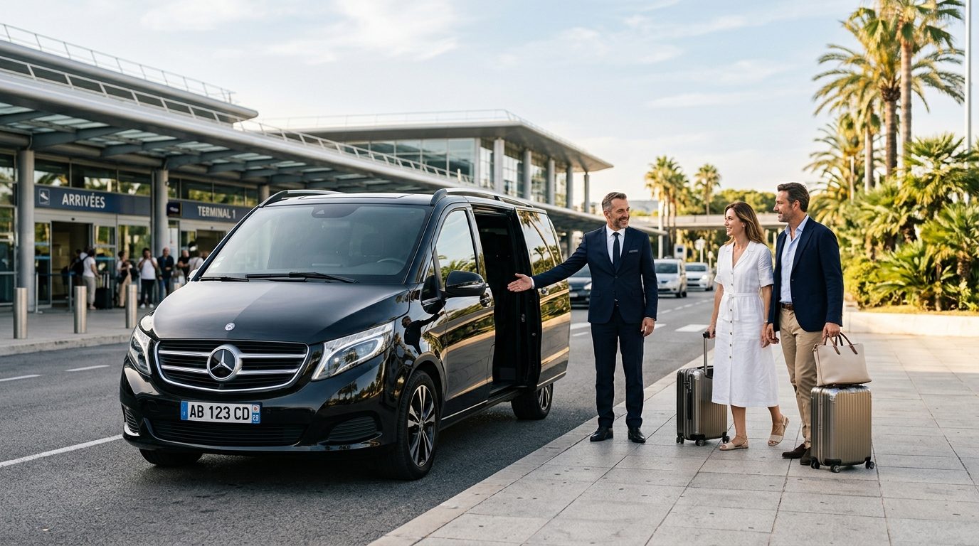 Van Mercedes Classe V avec chauffeur privé à l'aéroport Nice Côte d'Azur pour un transfert vers Antibes