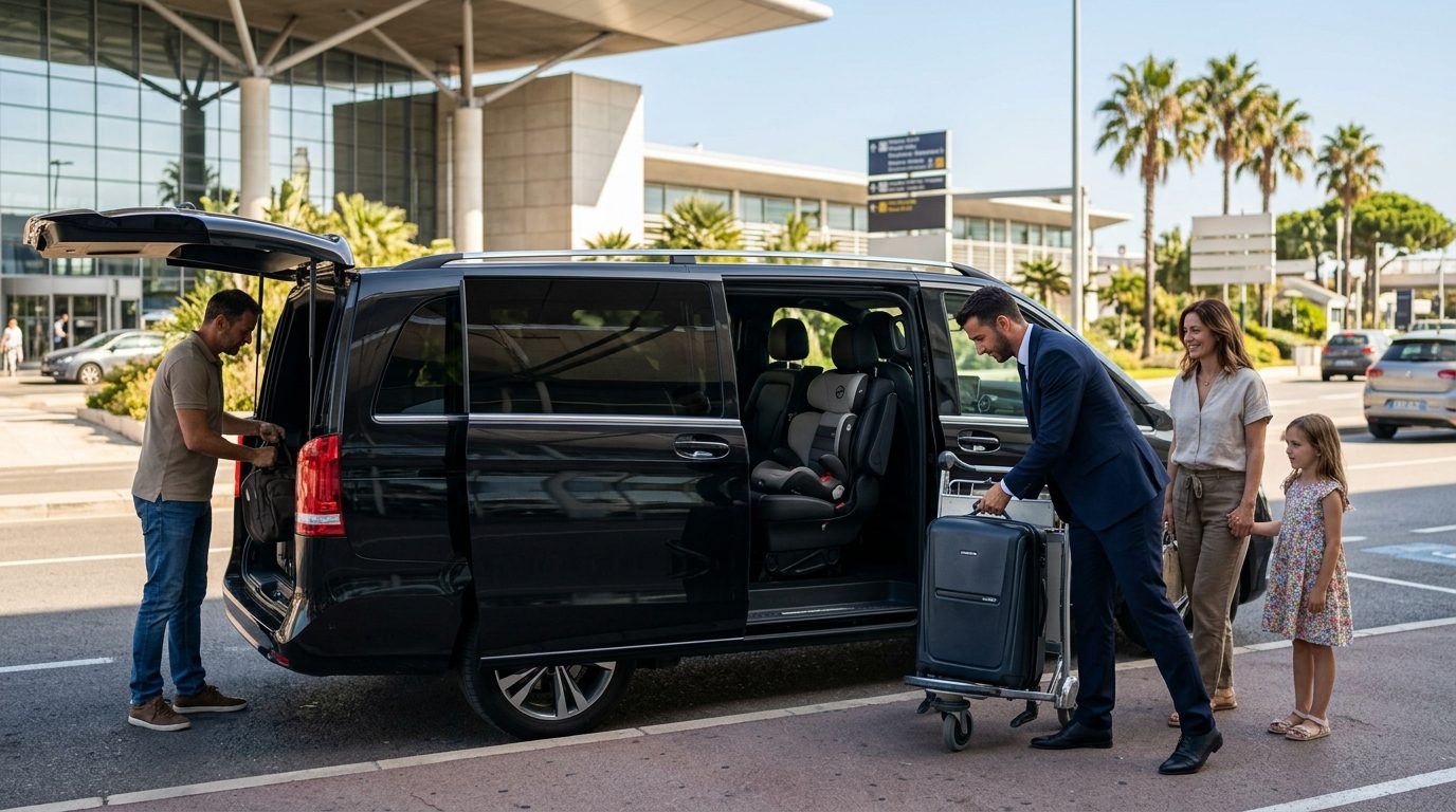 Transfert Aéroport de Nice vers Antibes en Van Mercedes Classe V : guide pour familles avec rehausseurs