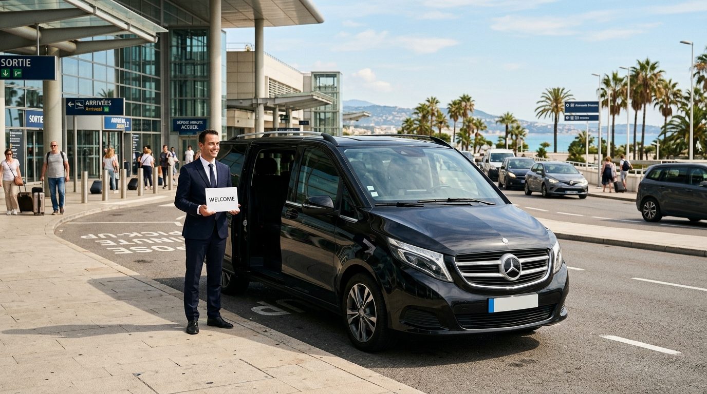 Transfert Aéroport Nice NCE vers Beaulieu-sur-Mer en van 6 places avec accueil nominatif et sièges bébé