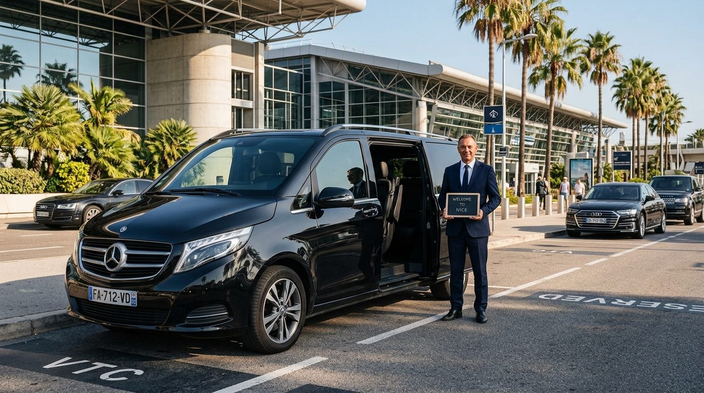 Mercedes Classe V avec chauffeur privé en attente de passagers à l'aéroport de Nice Côte d'Azur pour un transfert vers Cannes