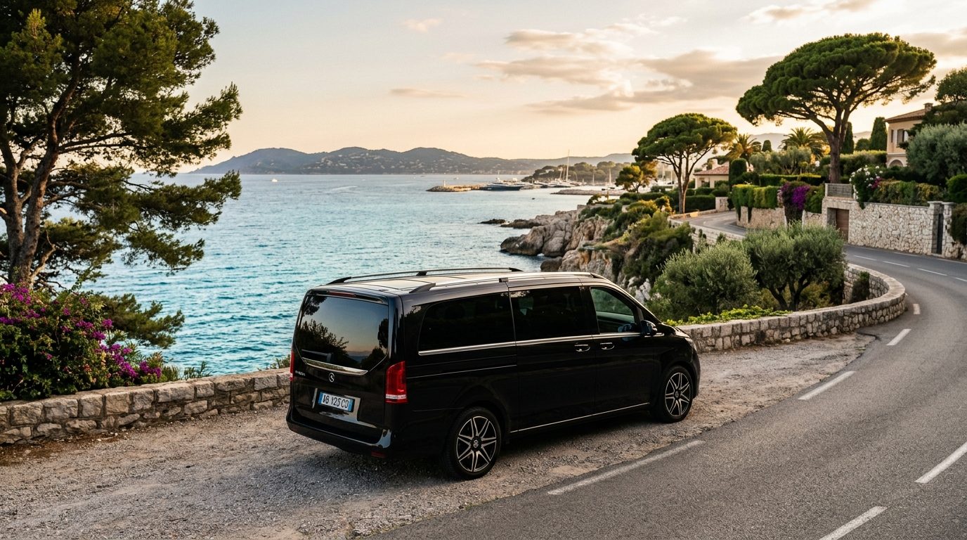 Transfert Aéroport Nice vers Cap d’Antibes en van avec sièges ISOFIX