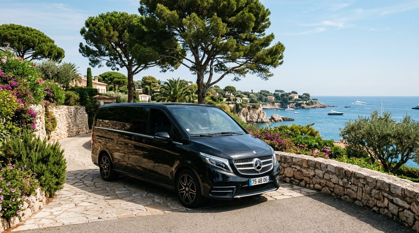 Transfert de l&rsquo;Aéroport de Nice au Cap d’Antibes en Van Mercedes Classe V pour les Familles Nombreuses