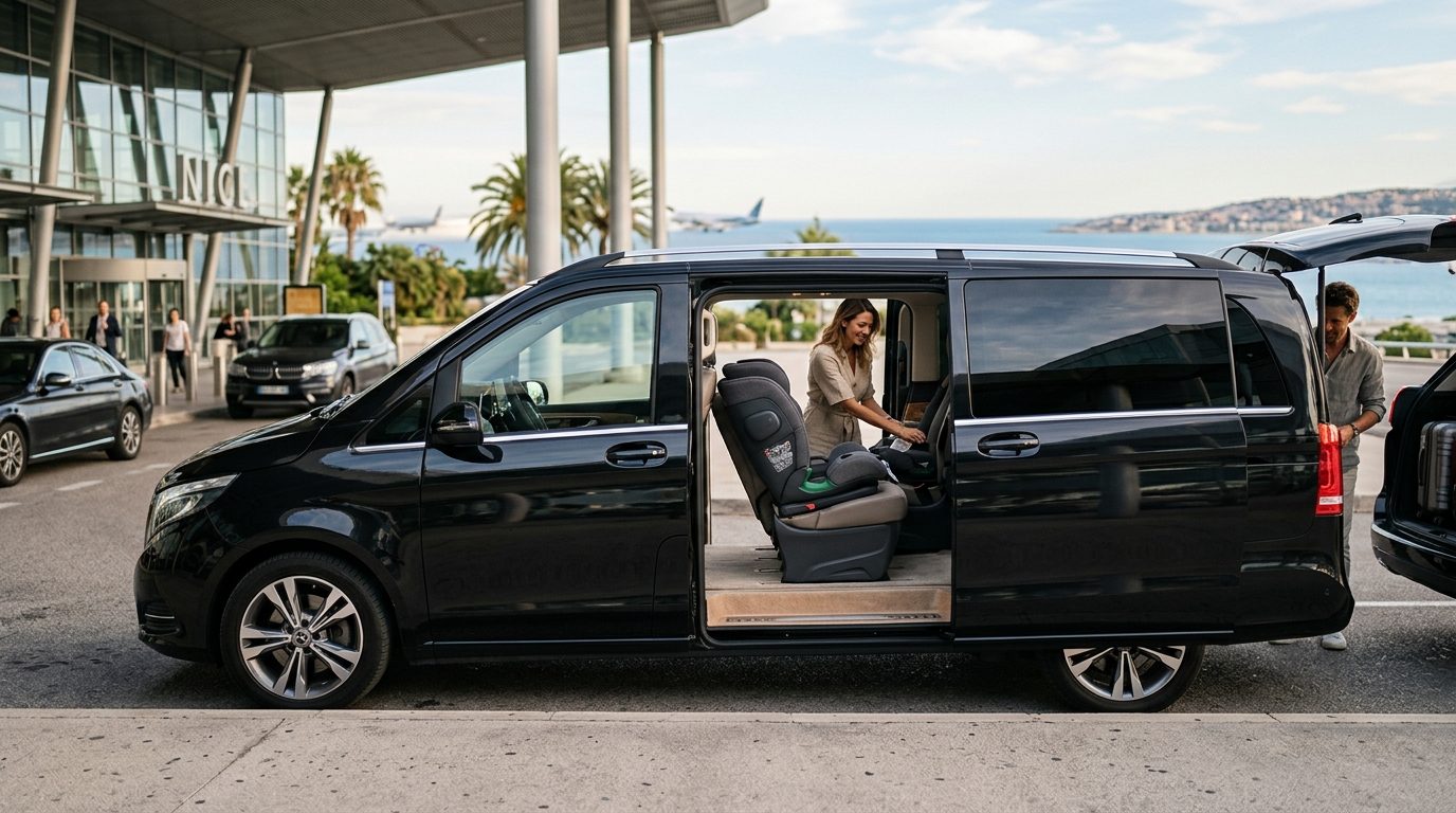Transfert Aéroport Nice NCE vers Grasse en Van avec Sièges Bébé et Rehausseurs ISOFIX