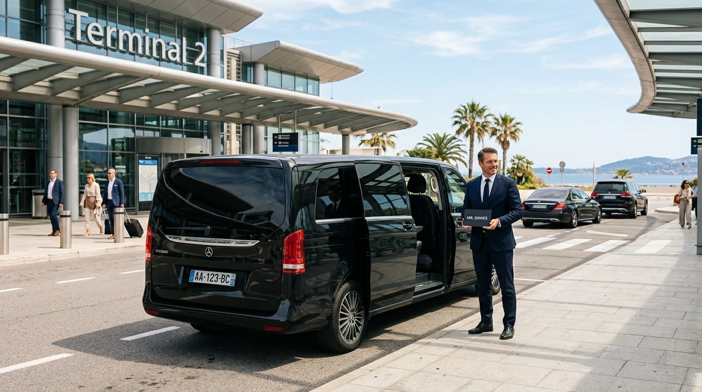 Transfert aéroport Nice (NCE) vers Monaco en Van Mercedes Classe V 7 places avec chauffeur